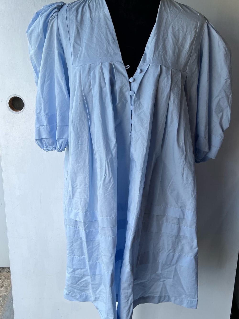 Mable Light Blue Puff Sleeve Midi Dress with Covered Buttons